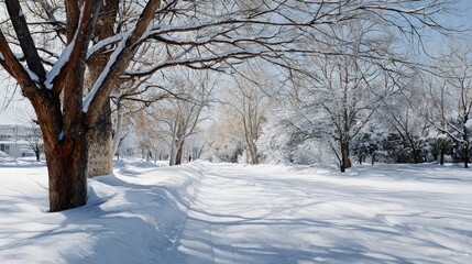 Fototapeta premium A winter wonderland scene showcases a snowy park path lined with trees laden with snow.