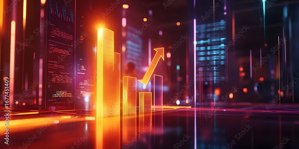 Poster futuristic graph with rising trend and neon data visualization