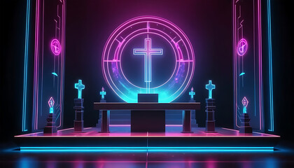 Neon Light Church Interior with Cross and Altar in Futuristic Style