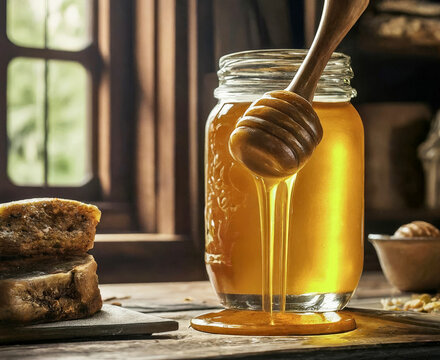  AI-Generated image of a glass jar filled with golden honey on a rustic wooden table inside a cozy cabin. A wooden honey dipper drips thick honey down the side of the jar