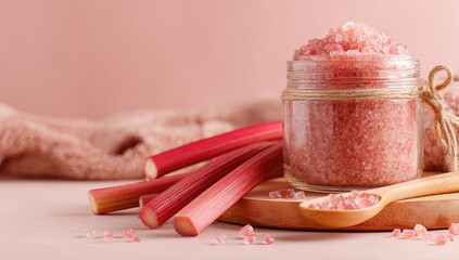 Pink Himalayan salt scrub in a glass jar, accompanied by rhubarb stalks, rests on a wooden board against a pale pink background with a soft towel