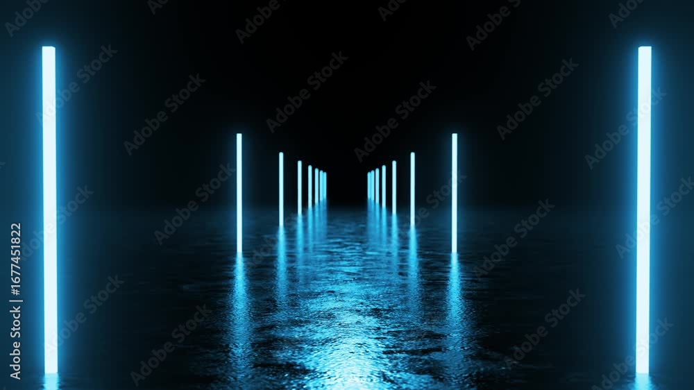 Poster glowing neon tube pillars form a path into the darkness, reflecting on a wet floor surface, creating