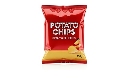 Bright red bag of potato chips with visible potato slices
