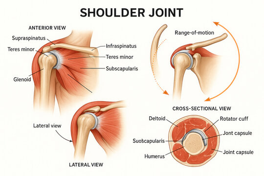 Shoulder Joint Anatomy Illustration with Rotator Cuff Muscles and Movement Range, Anterior, Lateral, Cross-Sectional Views
