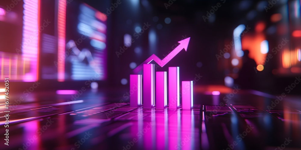 Poster colorful graph with arrow elevating on digital background