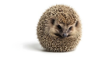 Adorable hedgehog curled up in a protective ball against a white background