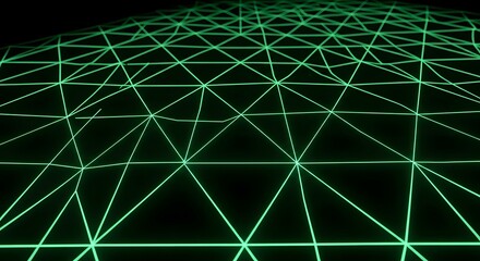 Illuminated green geometric grid pattern fades into darkness