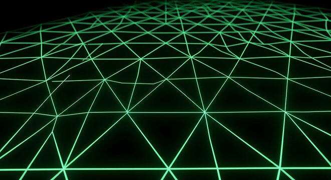 Illuminated green geometric grid pattern fades into darkness