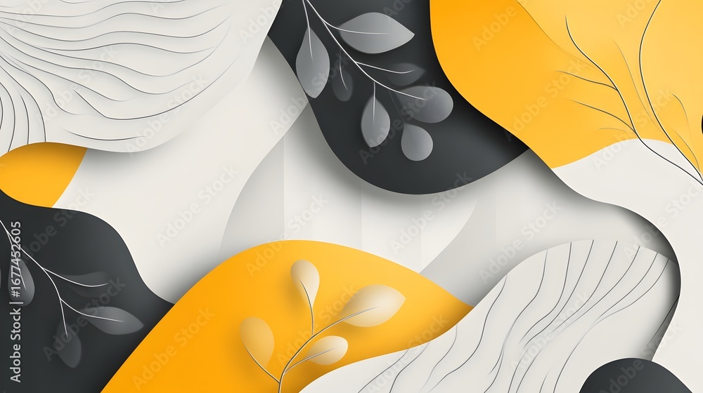 Poster abstract composition of yellow and gray shapes with leaf patterns