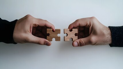 Hands Connecting Two Wooden Puzzle Pieces on a White Surface