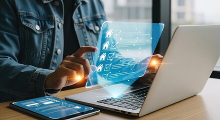 Hands typing on laptop with glowing digital data interface and mobile device showing information