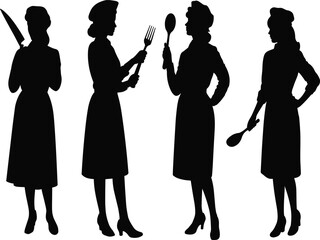 Vintage woman silhouette holding kitchen utensils, cooking pose vector set for culinary design, domestic lifestyle, retro chef artwork collection