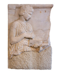 Ancient Greek grave stele (420 BC) shows a woman with Argive peplos holding an open chest