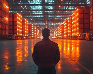 Silhouette of a worker overseeing a vast logistics warehouse