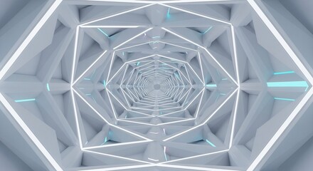 Futuristic Octagonal Hyperspace Tunnel with Glowing White and Cyan Neon Lights