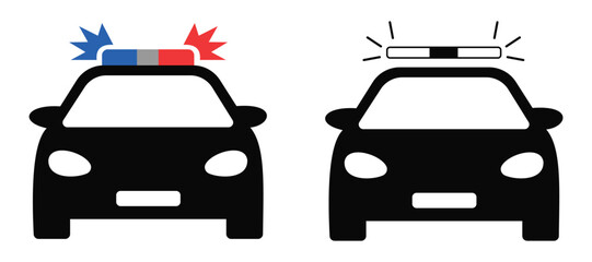 Police Car Icon Set – Patrol Vehicle with Flashing Siren Light, Sheriff Car Symbol, Vector Illustration
