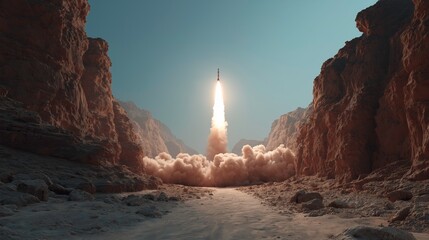 Rocket Launch in Desert Canyon with Bright Flame and Smoke Trail