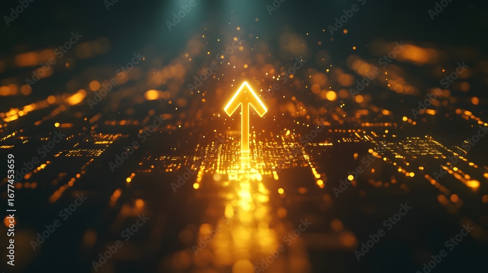 Poster glowing arrow symbolizing growth and progress in digital environment