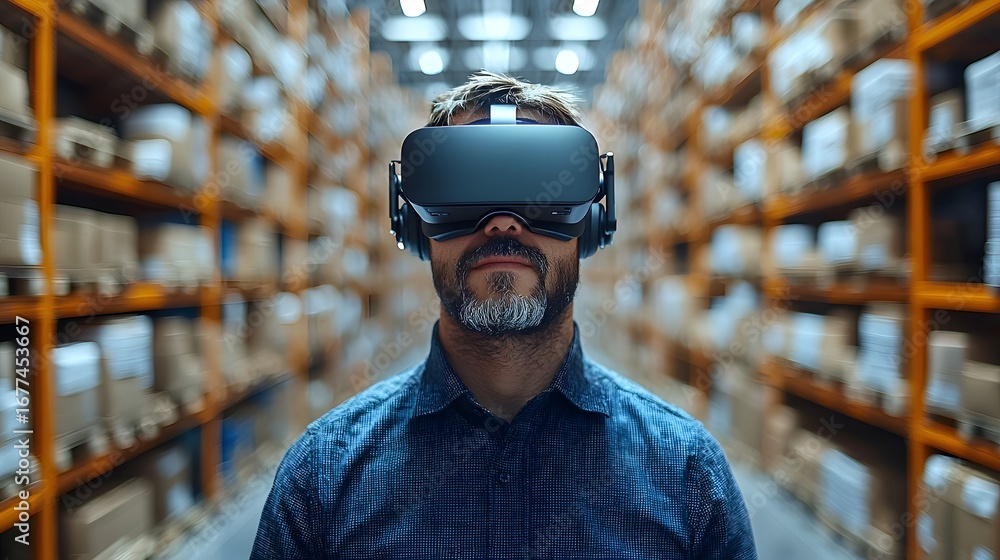Poster man using vr headset to optimize logistics in a warehouse