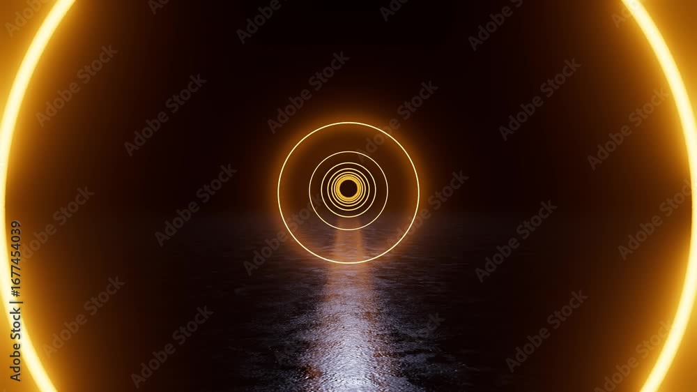Poster glowing neon orange circles form a tunnel effect on a dark background, reflected on a glossy surface