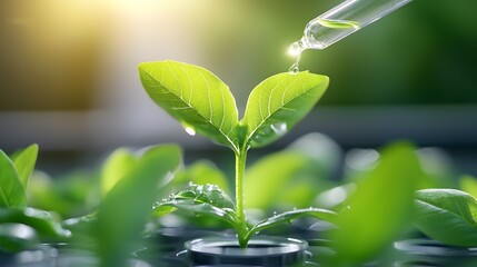 Fresh Green Plant Seedling with Water Droplet from Pipette