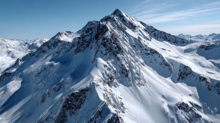 Naklejka premium A sweeping vista showcases a snow-capped mountain range under a clear, vibrant sky.