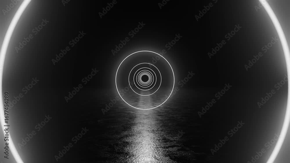 Poster Glowing neon circles generating tunnel effect, reflecting on wet asphalt surface against dark background, creating mesmerizing visual experience
