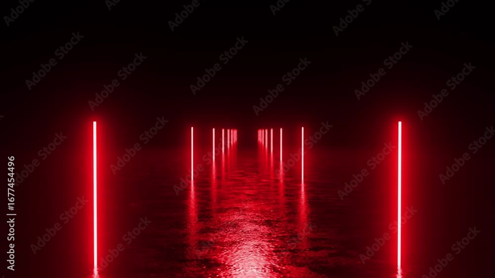 Poster glowing red neon lights casting dynamic corridor like perspective, intensely reflecting on sleek wet