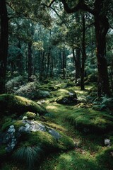 Fototapeta premium Lush forest path with moss and sunlight