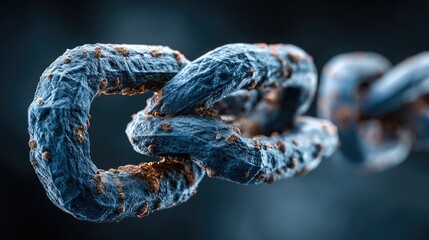 Close-up view of a weathered metal chain link, showcasing intricate details of rust and texture against a dark background.