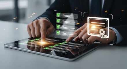 Digital certificate verified with businesswoman's hands using tablet and financial data analysis