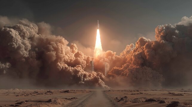 Rocket Launching Into Dark Sky with Bright Flame and Thick Smoke in Desert Landscape