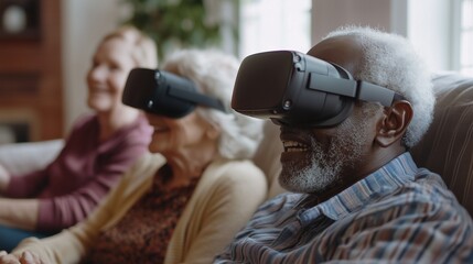 An older couple sitting on couch with virtual reality headset. Couple of elderly couples talking in video. A virtual reality of a vibrant lifestyle disabled. An elderly couple seated on lifestyle a.