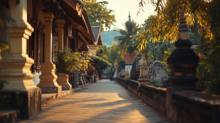 A street lined with yellow buildings. Realistic video of the city of vientiane in august. Architecture and culture in the depth of field. A road bordered by yellow lifestyle structures.