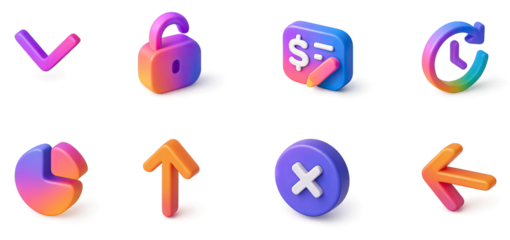 A colorful 3D icon set with a gradient color palette.