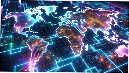 Digital World Map with Glowing Connections Representing Global Network and Data Transfer