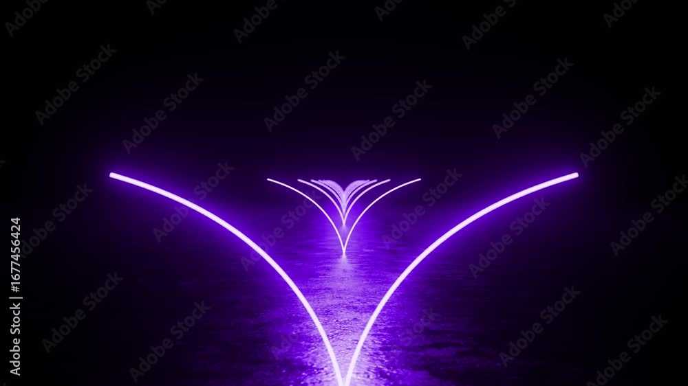Poster glowing neon purple lines converging toward central point on dark reflective surface, generating fut