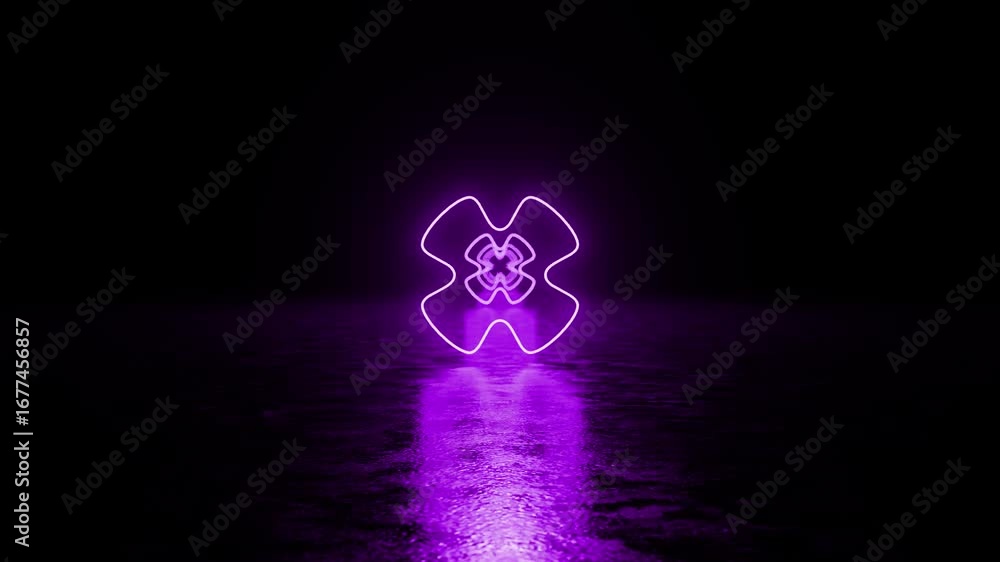 Poster purple neon cross glows and rotates slowly on a reflective surface, creating a mesmerizing visual wi