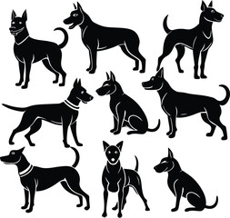 Collection of diverse black dog silhouettes in various poses and actions