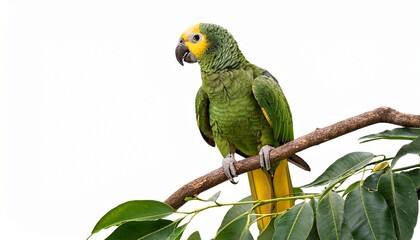 Obraz premium a green parrot with yellow tail feathers perches on a branch with a few leaves isolated on white background