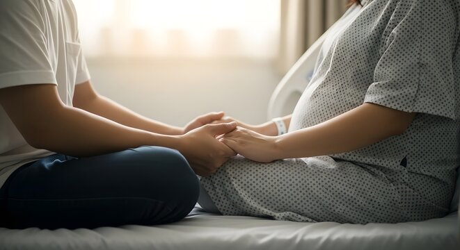 A supportive partner holds the hands of a pregnant woman in a hospital bed, symbolizing love, care, and anticipation for a new life