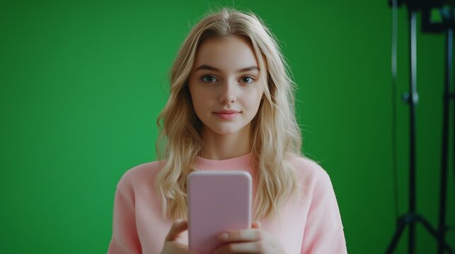 Woman holding phone in front of green screen. Teenage girl with blonde hair and mobile phone poses for realistic video. Key to the screen of phone with a green chroma. A woman is lifestyle positioned.