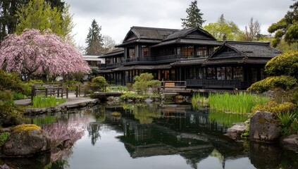 Obraz premium Japanese garden with traditional house and pond reflection.