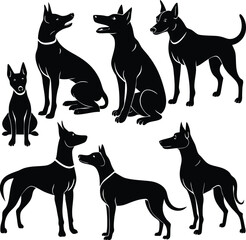 Collection of black dog silhouettes in various active and resting poses