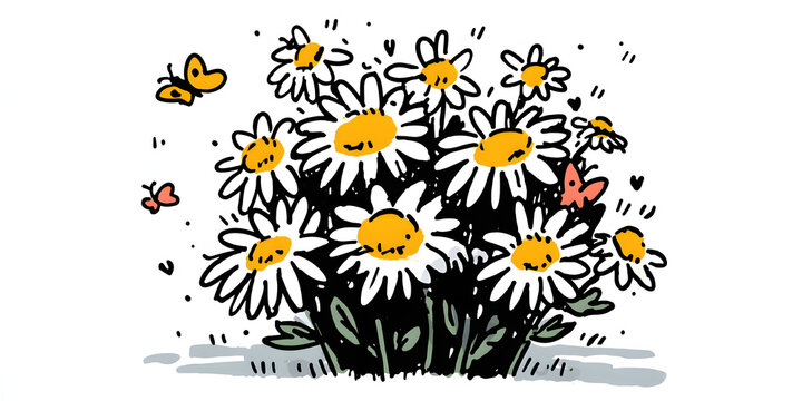 Thick black ink vector line art showing daisies and butterflies with heart-shaped disks, isolated on white.