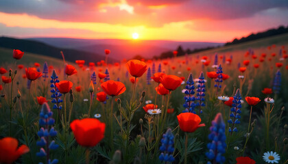 Fototapeta premium Field of red poppy flowers and blue lupines at sunset, with mountains in the background and a colorful sky
