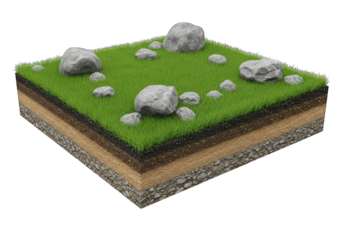 Square Soil Profile Block Cutaway with Grass, Grey Stones and Ground Layers on Transparent Background