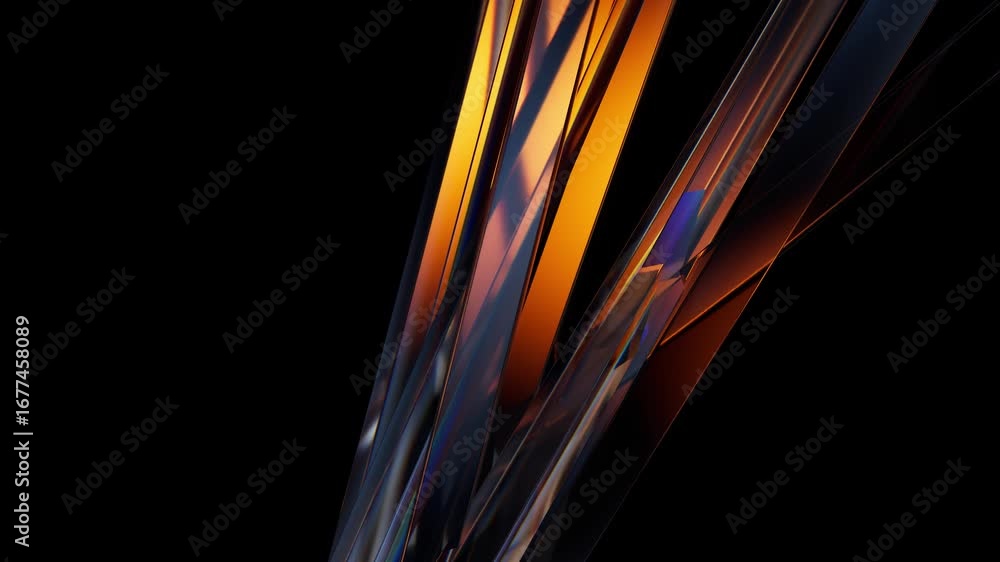 Poster glass rods with orange and blue reflections rotate slowly against a black background, creating an ab