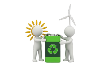 Stick Figures Holding Green Recycle Battery with Sun and Wind Icons on Transparent