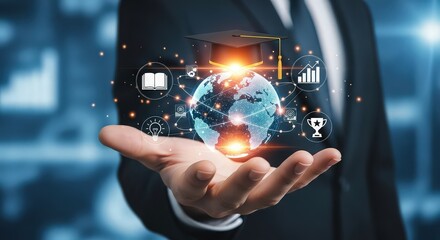 Businessman holds futuristic holographic data interface showing financial charts and icons in his palm